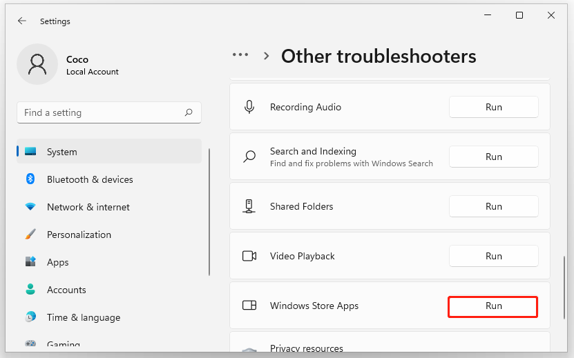 run Windows Store Troubleshooter in Windows 11