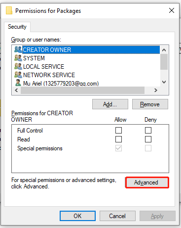 click Advanced in Permissions of Packages