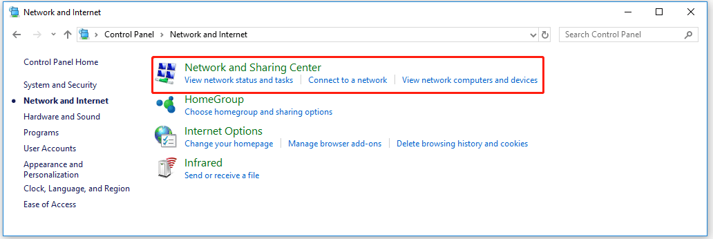 choose Network and Sharing Center