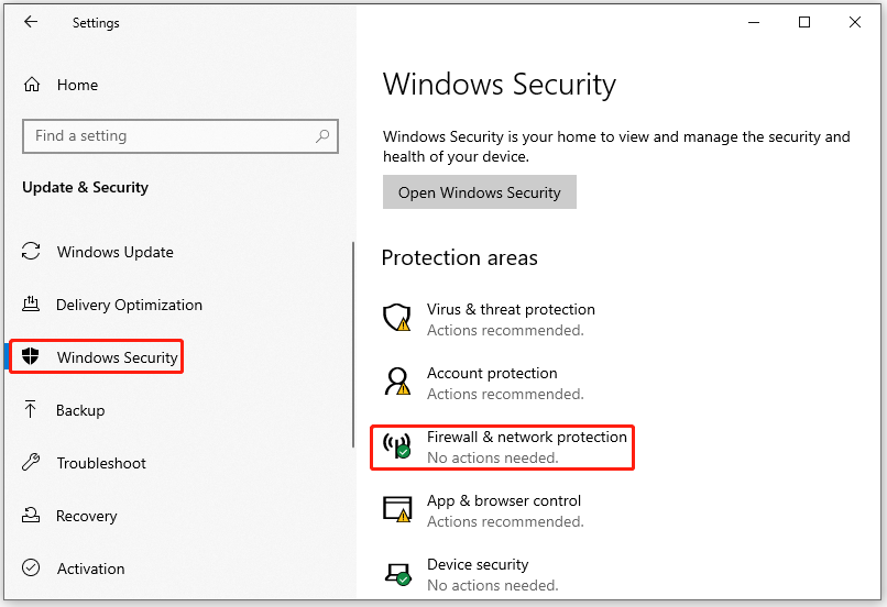 choose Firewall and network protection
