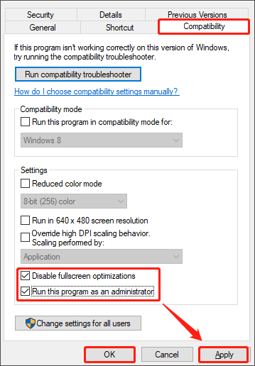 disable fullscreen optimization and run as administrator