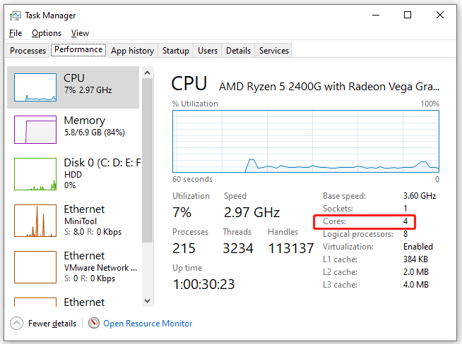 check CPU cores in Task Manager
