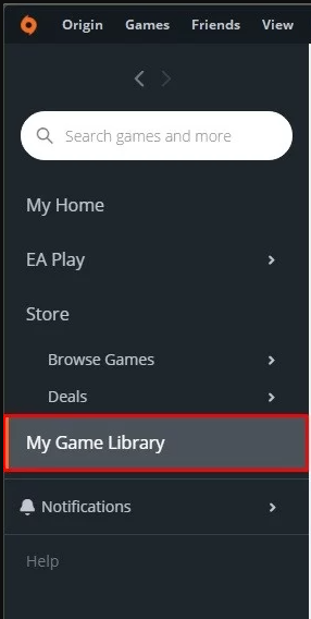 select My Game Library in Origin