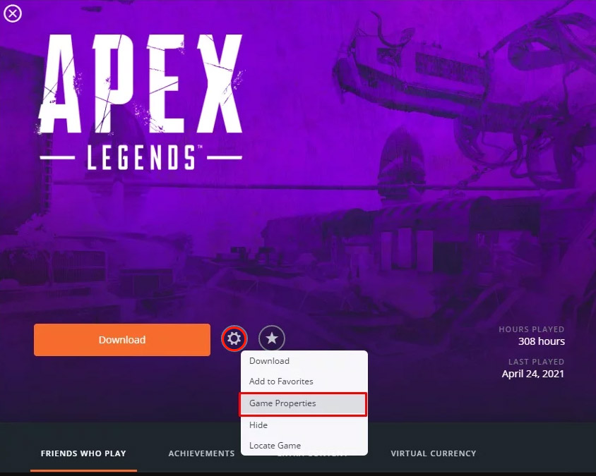 select Game Properties in Origin