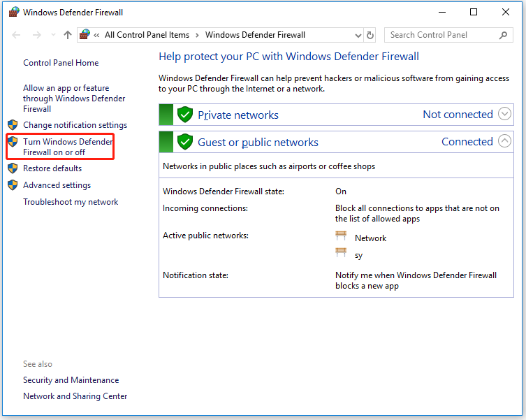 click Turn Windows Defender Firewall on or off