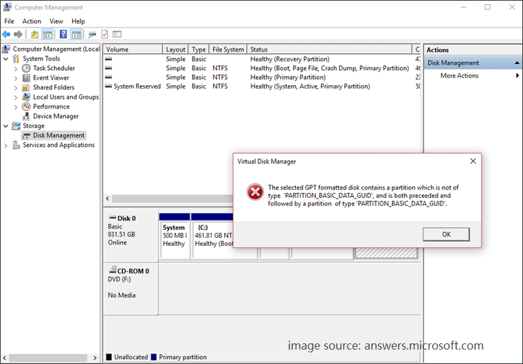 the selected GPT formatted disk contains a partition which is not of type