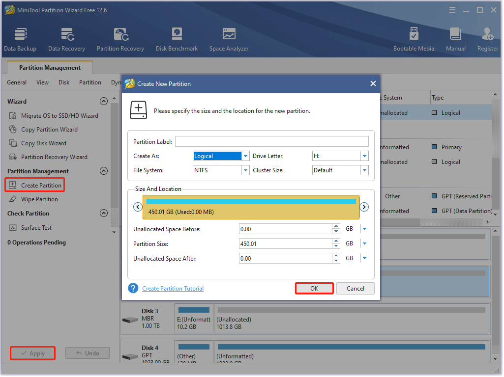 create a partition using MiniTool Partition Wizard