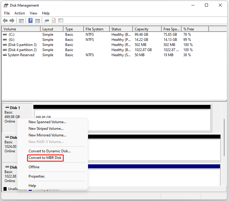 choose Convert to MBR Disk