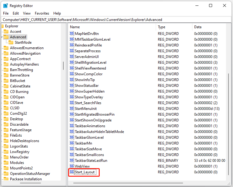 double click the Start_Layout value