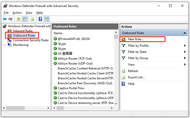 click Outbound Rules and New Rule