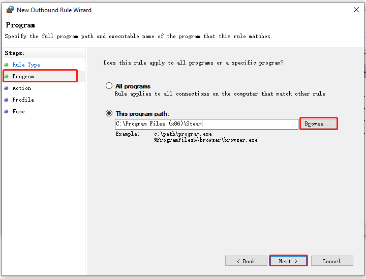 select Program in New Outbound Rule Wizard