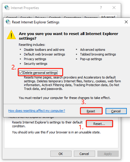 reset Internet Explorer settings
