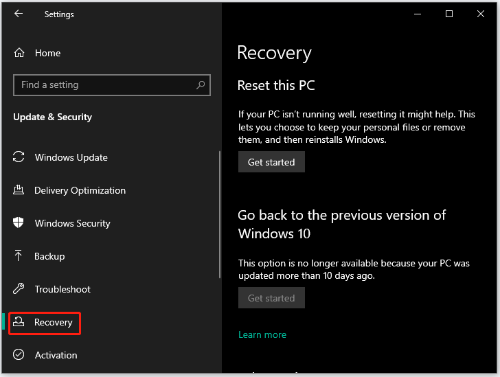 choose Recovery under Update & Security