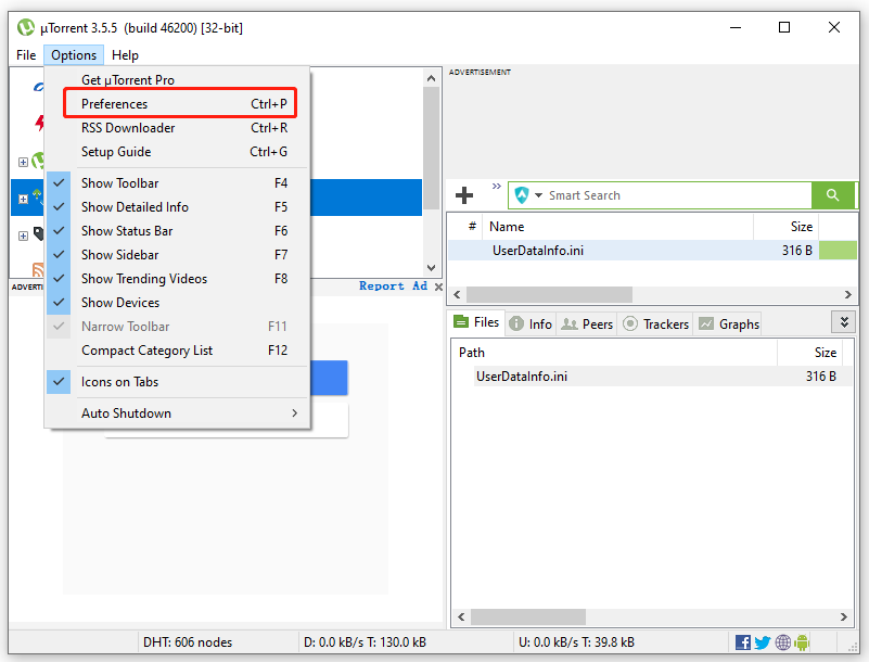 select Preferences in uTorrent