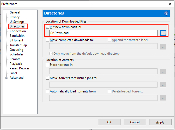 set a new directory for all torrent files