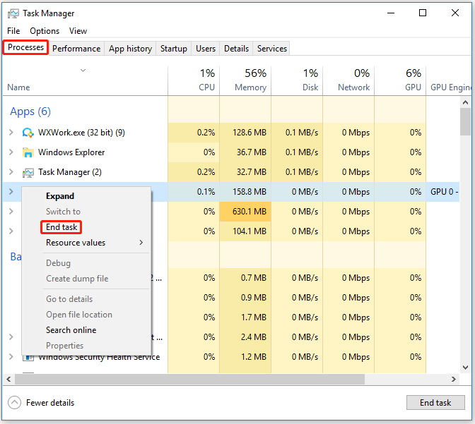 click End task