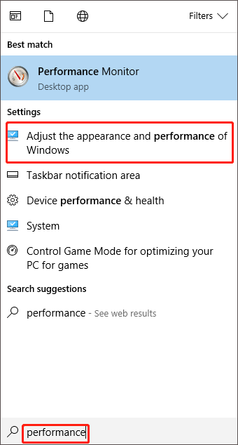 click Adjust the appearance and performance of Windows