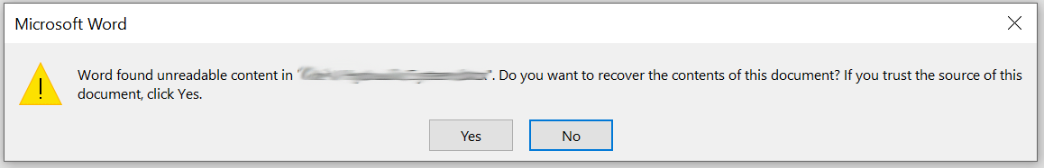 Word found unreadable content error