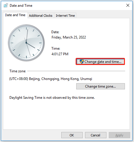 click on Change date and time