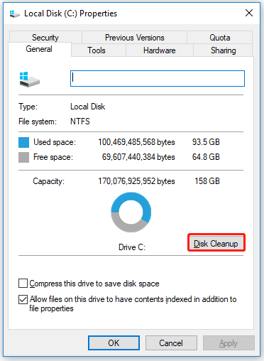 click on the Disk Cleanup button