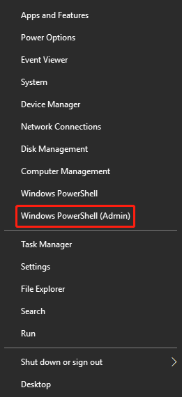 select the Windows PowerShell (Admin) option