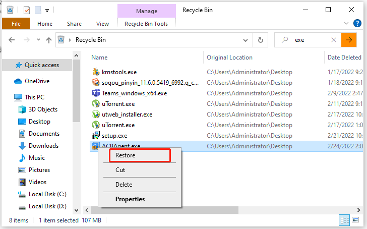 restore deleted exe file from Recycle Bin