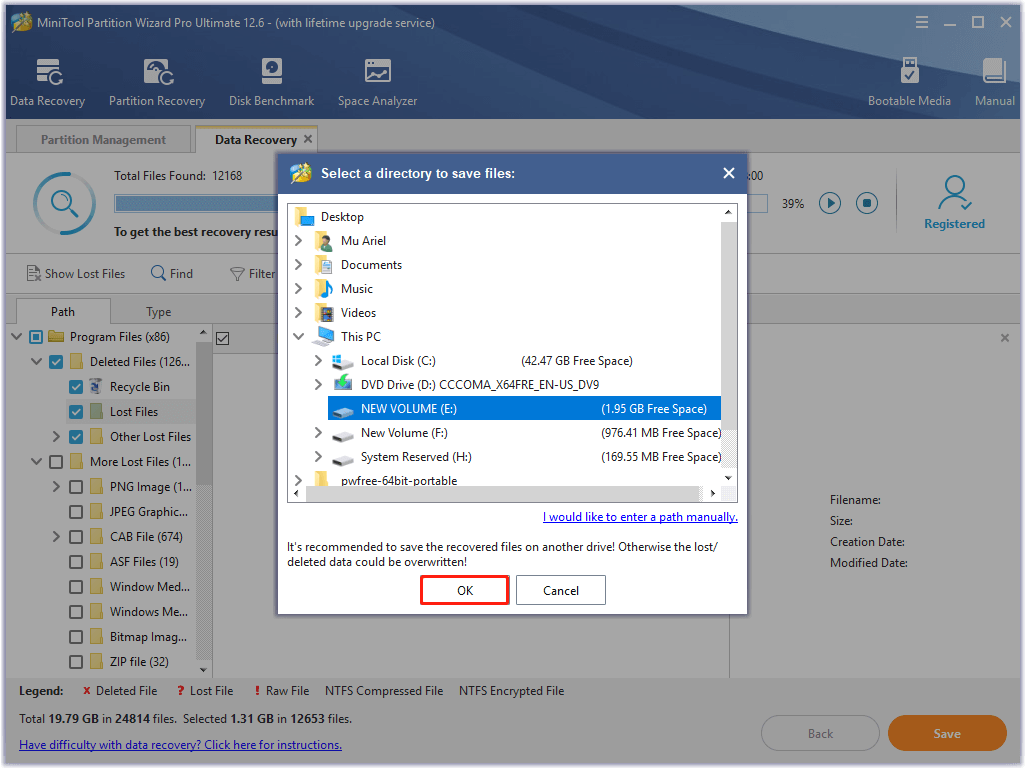 select a location for the recovered data in MiniTool Partition Wizard