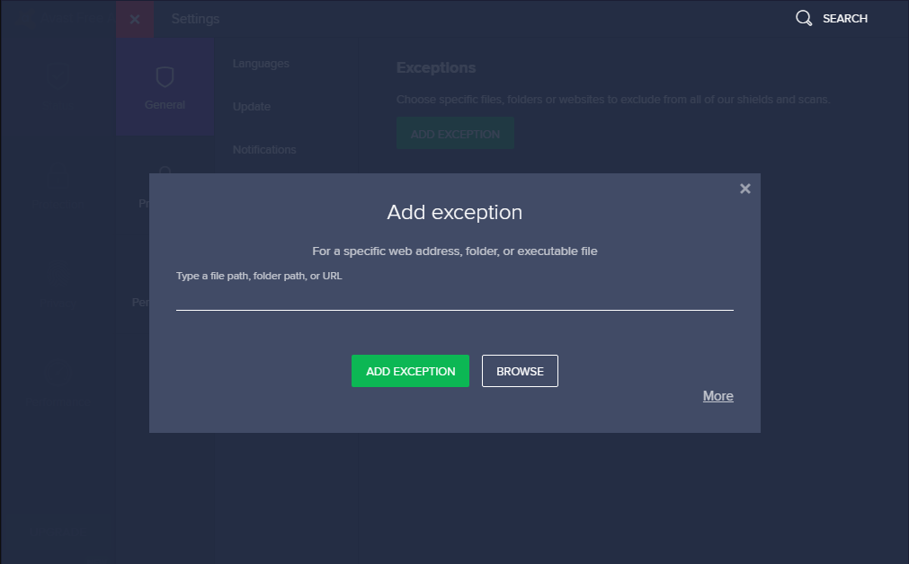 add exception in Avast