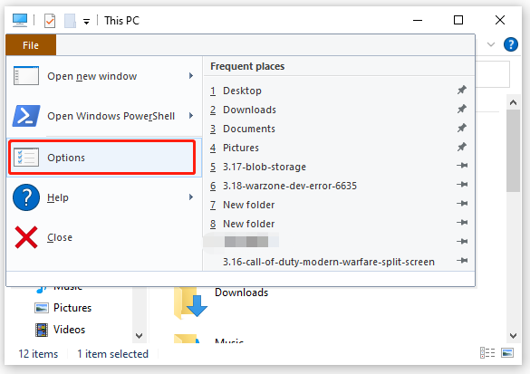 select Options in File Explorer