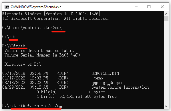 show hidden files in D drive using CMD