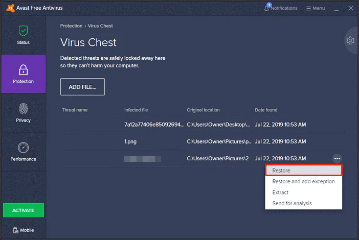 restore a file from Avast Virus Chest