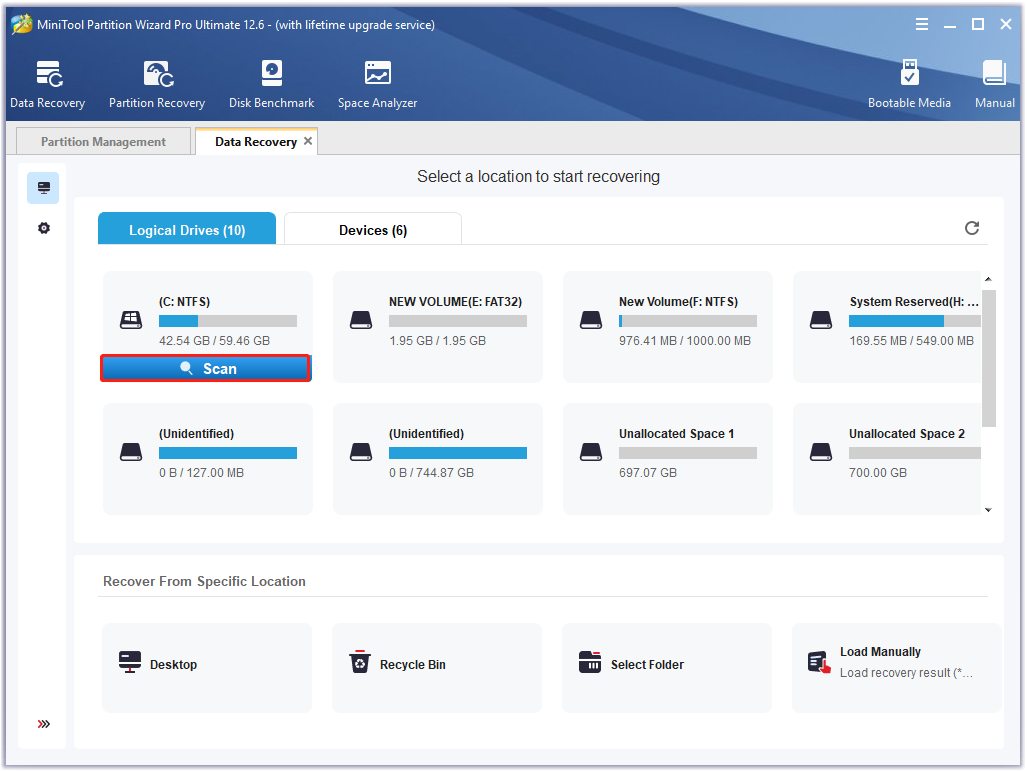 select a location to start recovering in MiniTool Partition Wizard