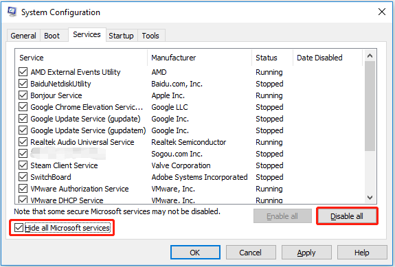 click Disable all