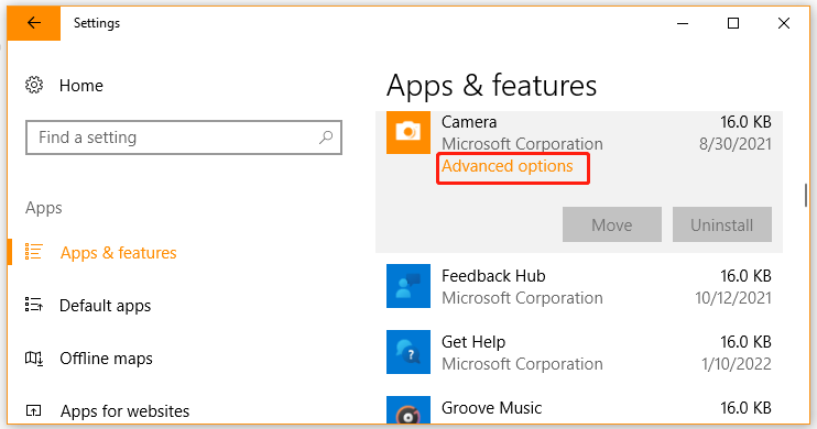 click Advanced options under Camera