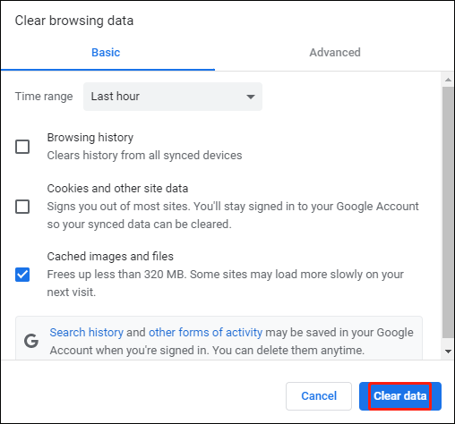 click the Clear data button
