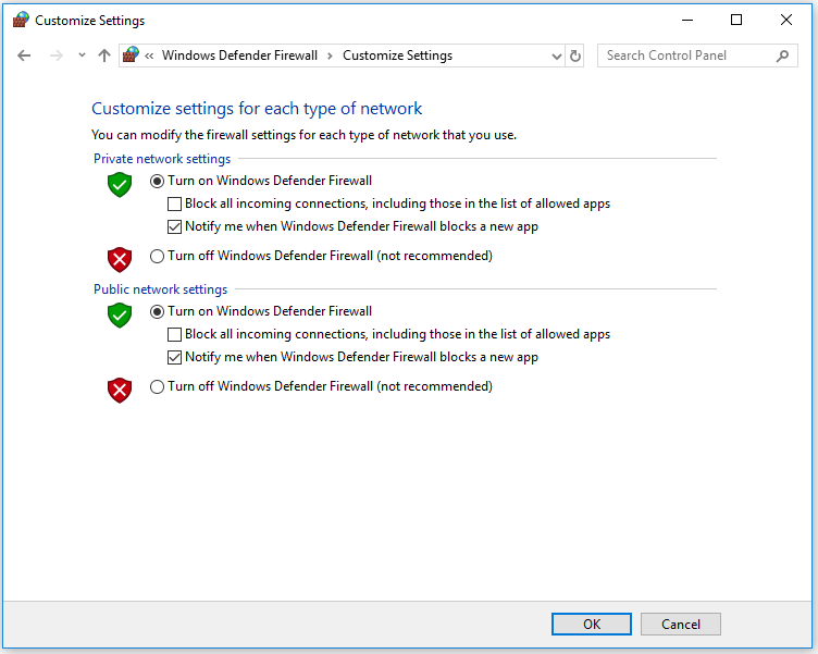 select the Turn off Windows Defender Firewall option