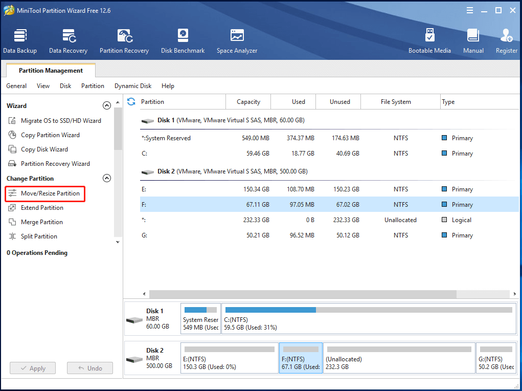 move or resize partition