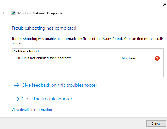 DHCP is not enabled for Ethernet