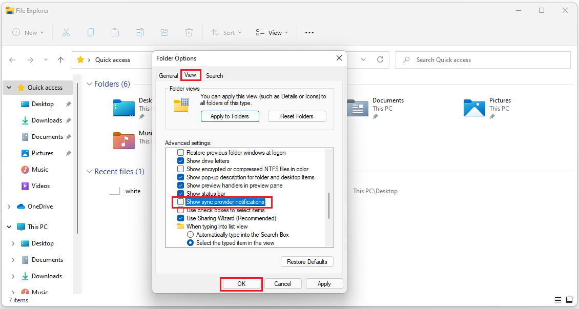 open Folder Options and uncheck Show sync provider notifications
