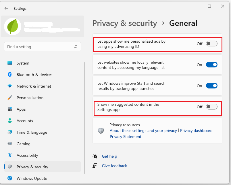  toggle off two options about ads