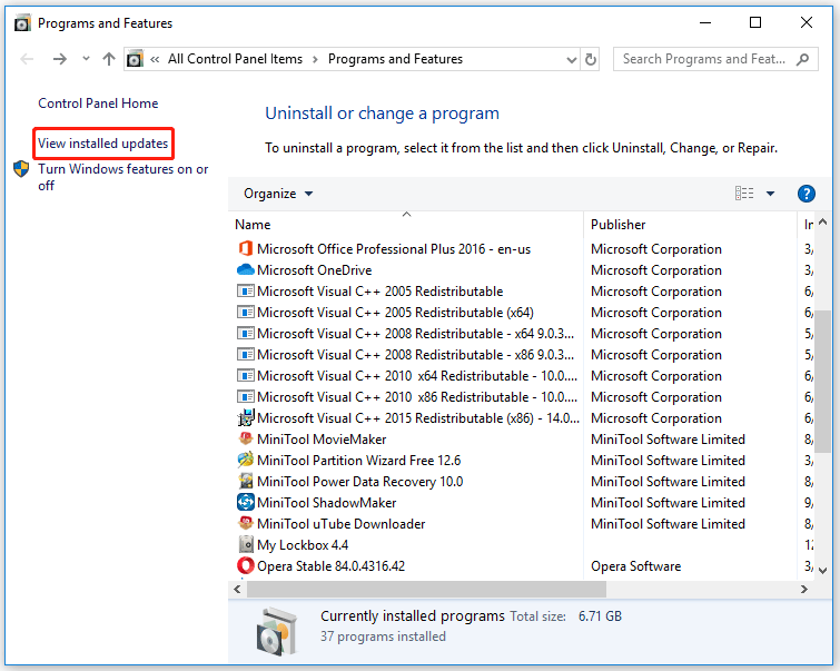 click View installed updates