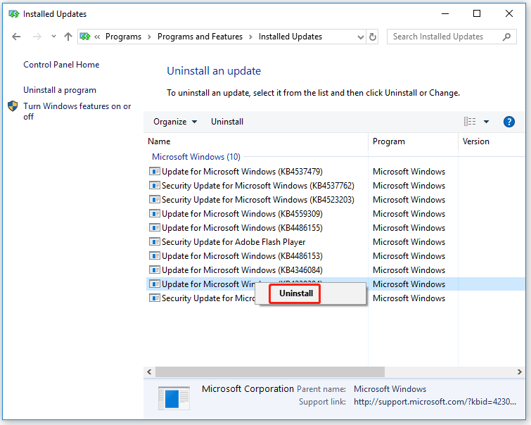 select Uninstall