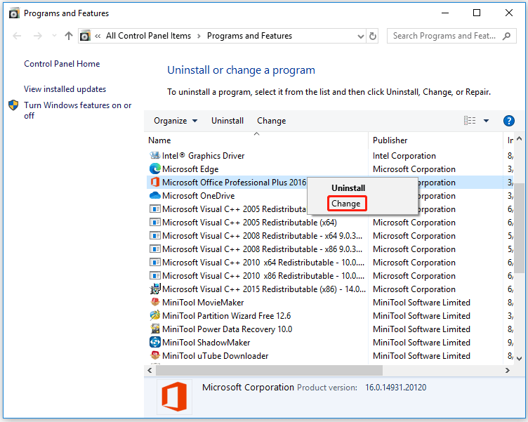 select the Change option