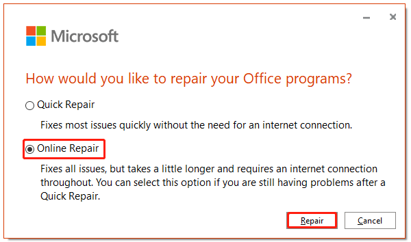 select the Online Repair option