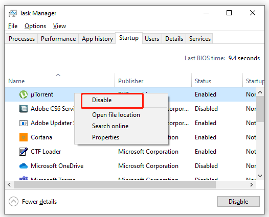 disabilitare il programma di avvio in Task Manager