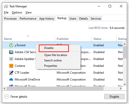 disable Startup programs in Task Manager