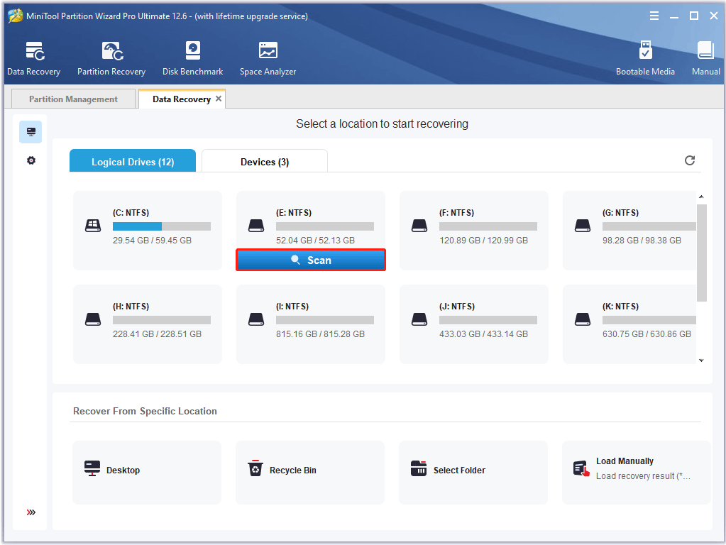 select drive E: and click Scan