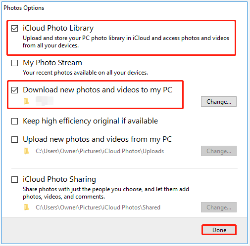 check iCloud Photo Library and Download new photos and videos to my PC