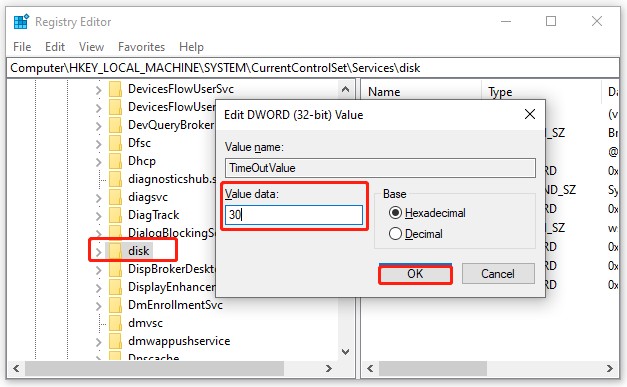 decrease the TimeOutValue data