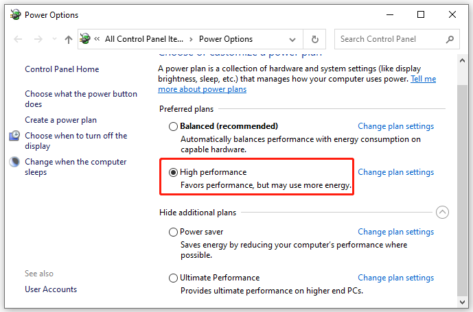 change power plan to high performance